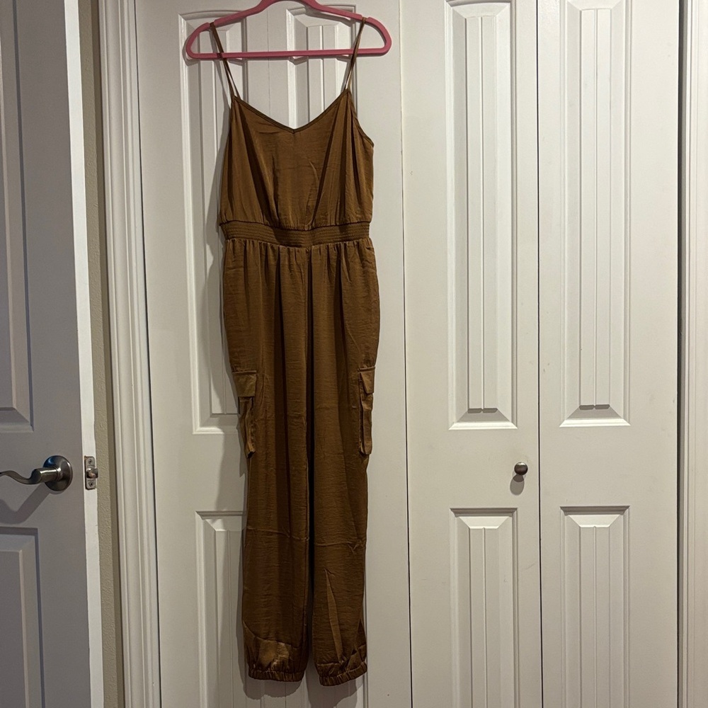 Blu Pepper Tan Spaghetti-Strap Cargo Jumpsuit